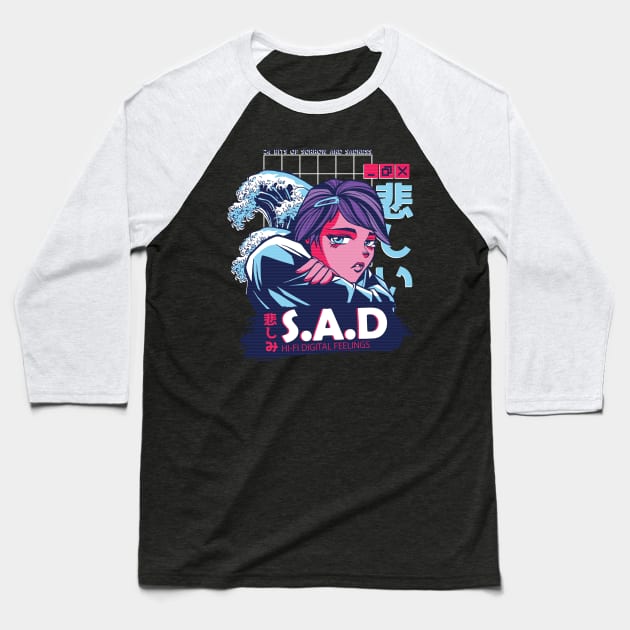 Japanese Sad Girl Anime Vaporwave Art Style Baseball T-Shirt by Visual Vibes